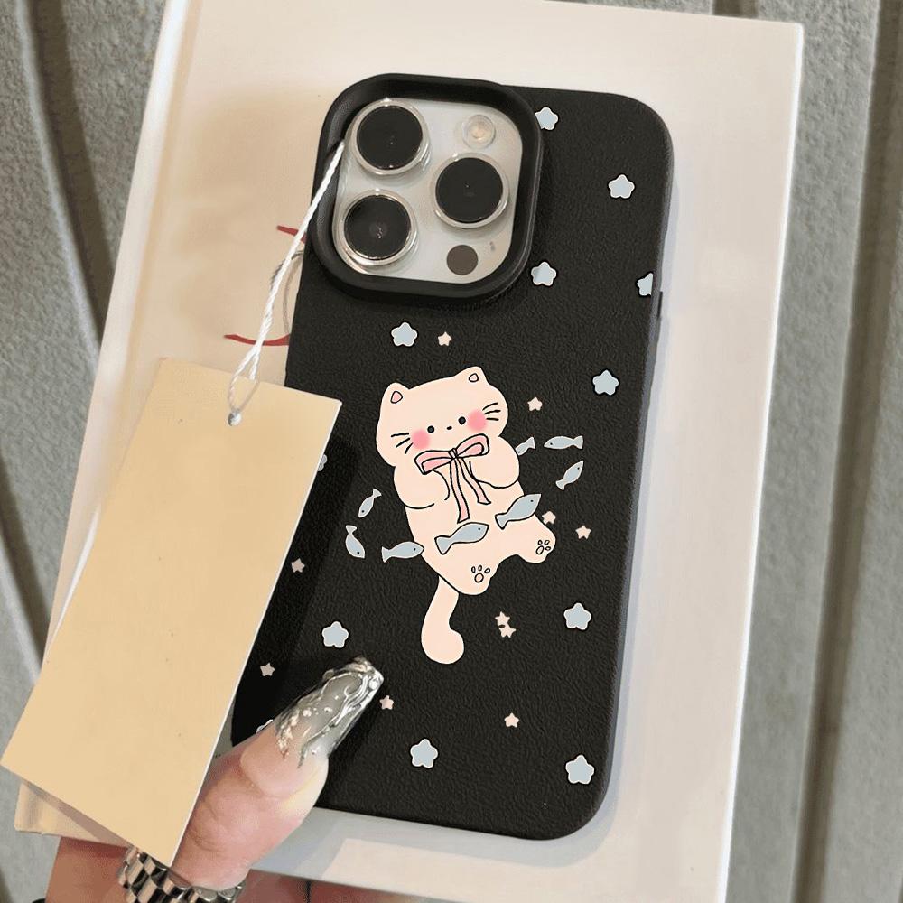 Cute Cartoon Cat Phone Case For iPhone 16 Pro Case iPhone 11 12 13 14 15 Pro Max 16 Plus Soft Litchi Pattern Leather Cover Funda