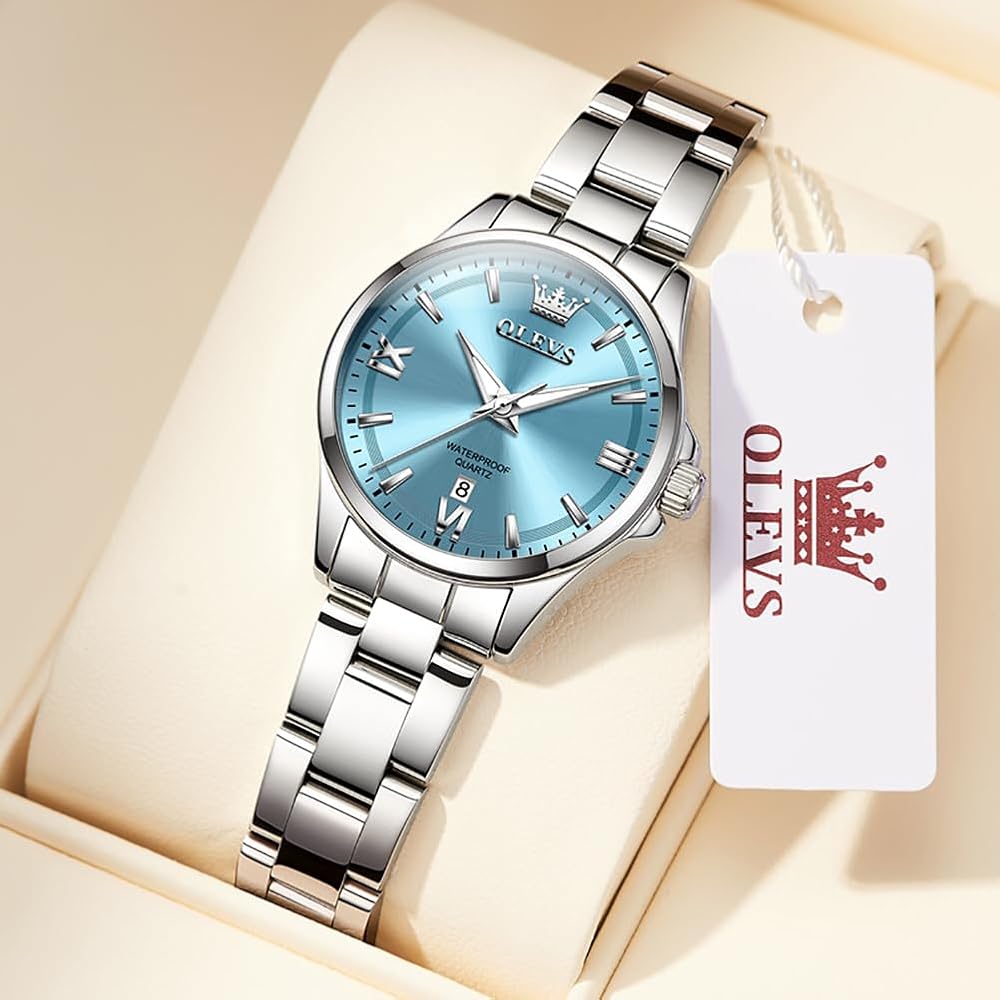 OLEVS Women's Luxury Elegant Watch Stainless Steel Waterproof Luminous Diamond Small Wrist Silver Blue Fashion Watch