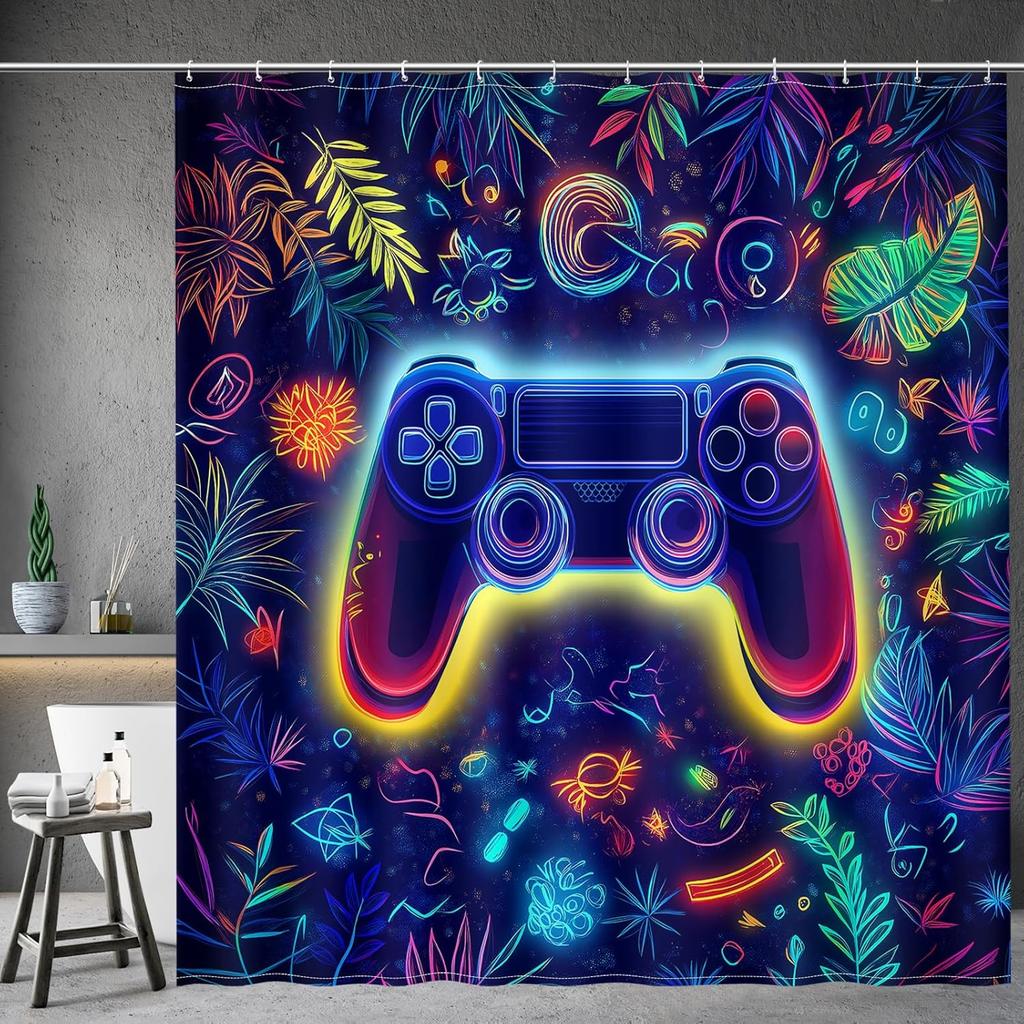 Game Themed Kids Shower Curtain-video Gamepad Player Cool Shower Curtain with 12 Hooks, Boy Bathroom Decoration Accessories