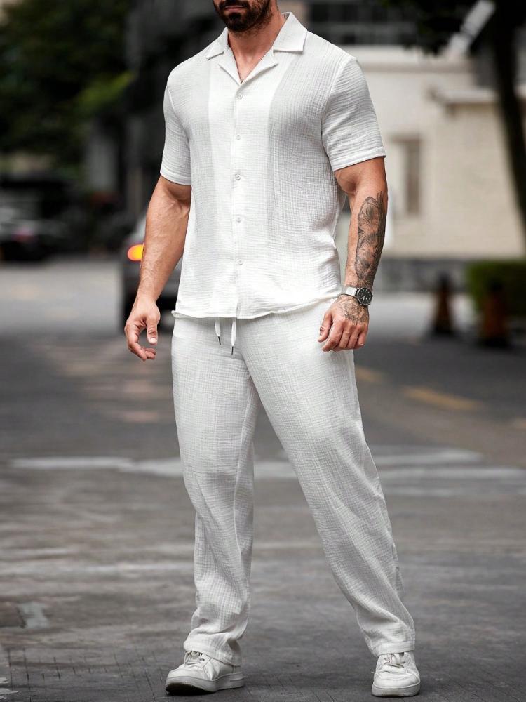 Men's Collar Solid Color Short Sleeved Pants Pleated Style Versatile Casual Suit