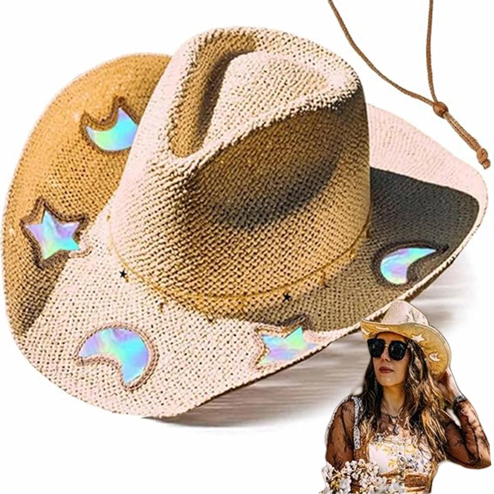Suncatcher Cowgirl Straw Prism Hat Hand-Woven Wide Shapeable Brim Rainbow Prism Hat Sun Beach Western Cowboy hat for Women