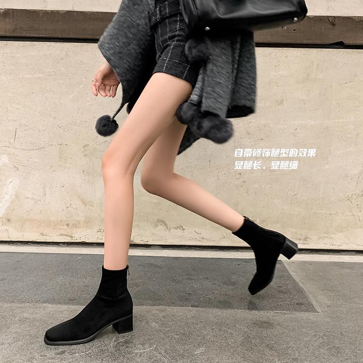 Yangjing Velvet~ Grape Mom Same Korean Classic Temperament Square Head Back Zipper Ankle Boots Thick Heel Skinny Short Boots Women's Autumn
