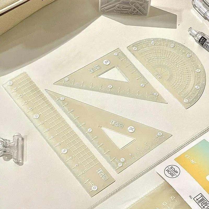 4PCS/Set 15CM Jelly Ruler Set Thickened Measuring Stationery Set Square Transparent Measuring Ruler Student Gift