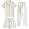 Pajamas Suit Women's Cotton Three-piece Summer Short-sleeved Trousers Sweet Printed Girls Thin Air-conditioning Clothes Crepe Home Service