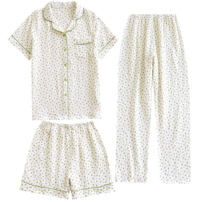 Pajamas Suit Women's Cotton Three-piece Summer Short-sleeved Trousers Sweet Printed Girls Thin Air-conditioning Clothes Crepe Home Service