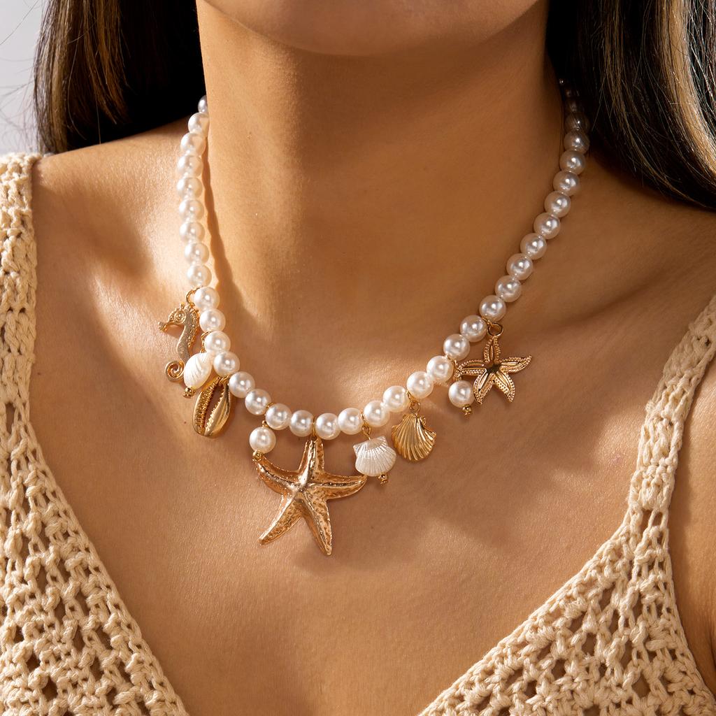 Bohemia Irregular Imitation Pearl Chain Necklace for Women Summer Beach OT Buckle Starfish Shell Turtle Choker Beach Jewelry