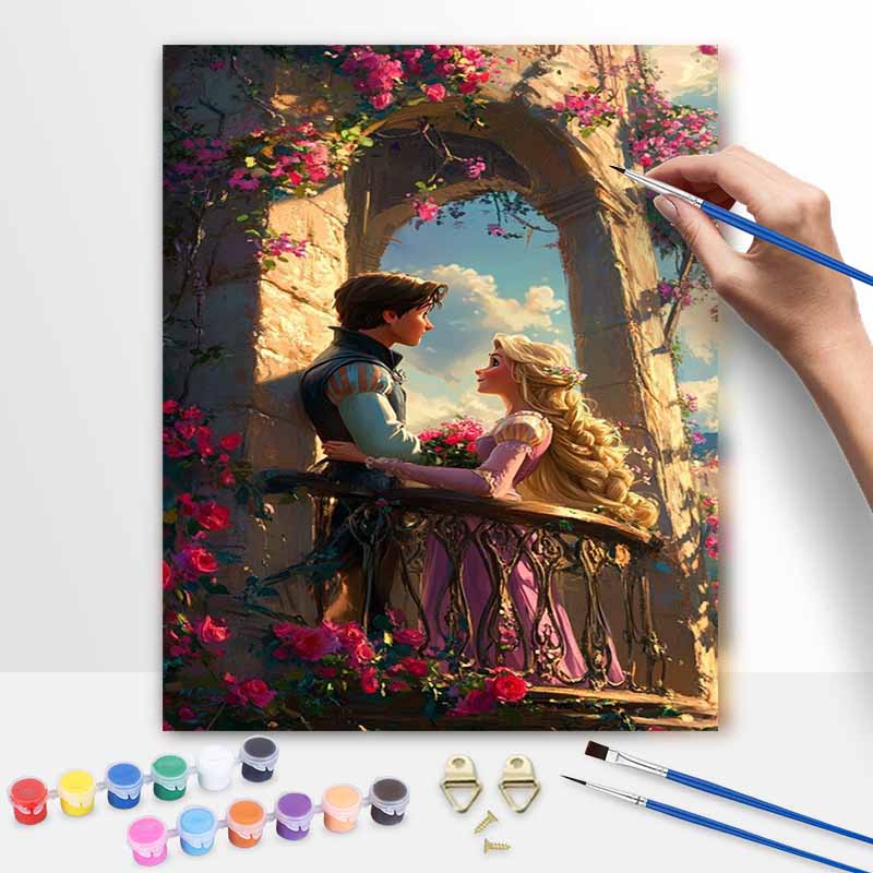 Disney Rapunzel oil painting handmade painting kit diy home room decoration gift. Romantic couple on balcony with flowers wall art decor