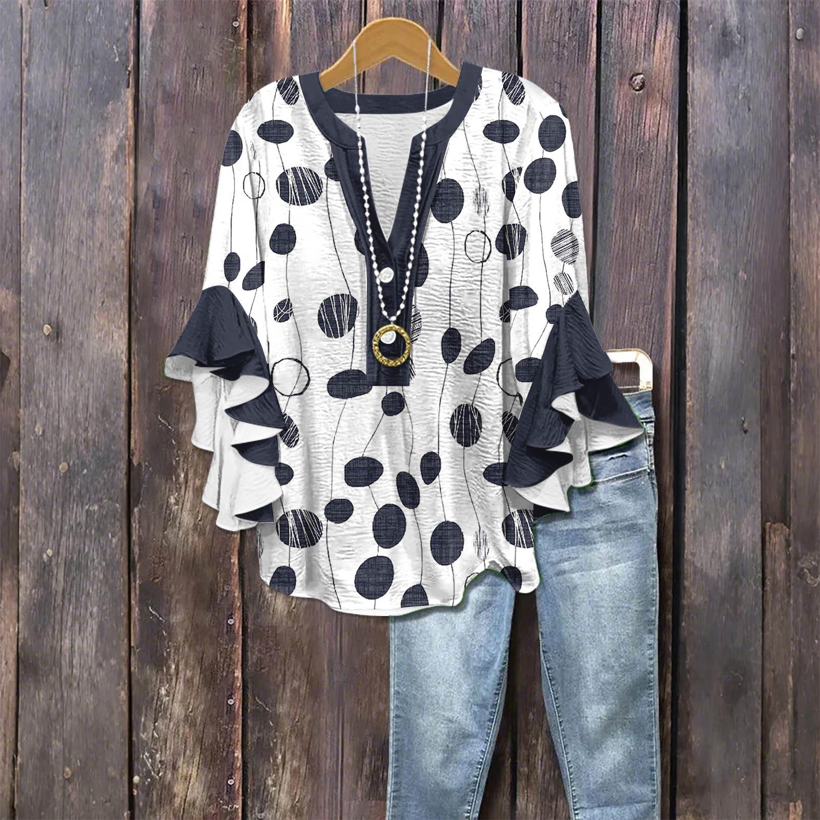 

Женская модная повседневная рубашка с пуговицами, V-образным вырезом, рукавом семь восьмых и винтажным принтом S тёмно-синий