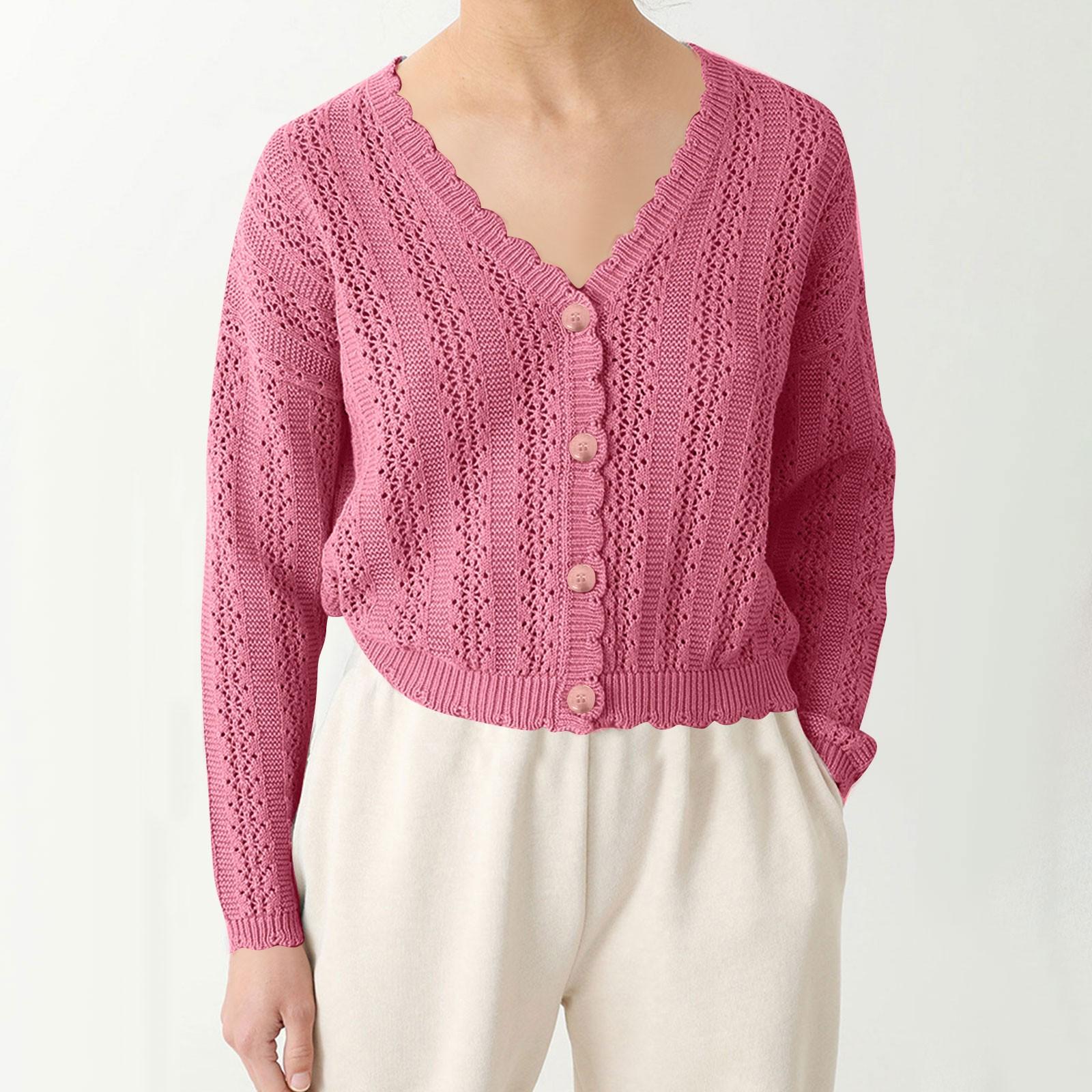 

Women s Knitted Long Sleeve Hollow V-Neck Cardigan Loose Comfortable Sweater S рожевий