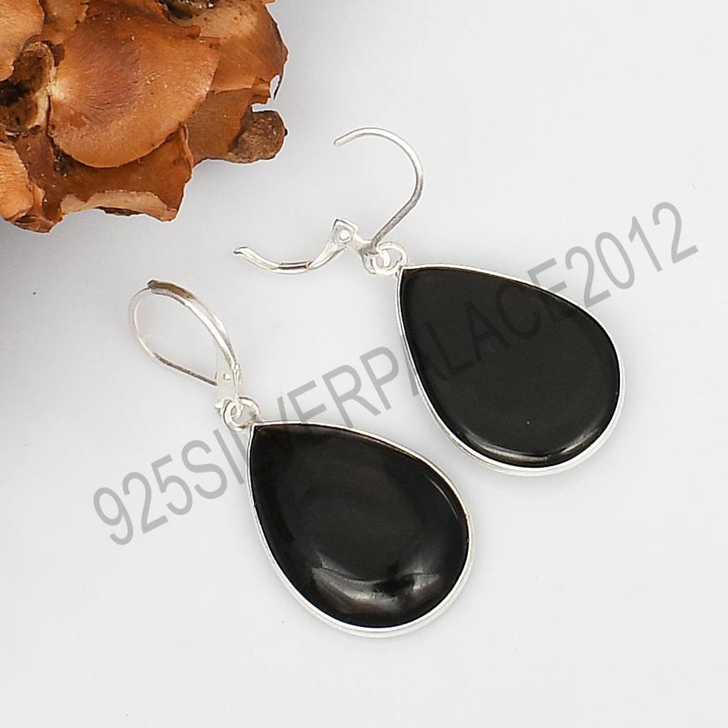 Black Onyx Pear Shape Earrings In 925 Sterling Silver Plated Handmade Dangle Jewelry Leverback Earrings