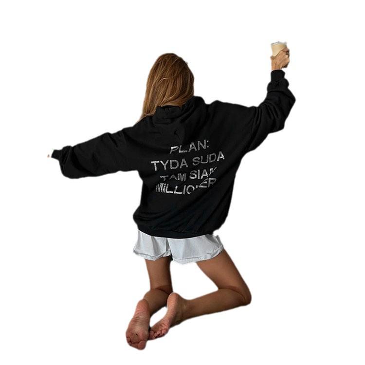 Autumn Women's Fashion Hooded Letter Coat, Loose Fit, XS-5XL, Street Style, Drop Shoulder Sleeves