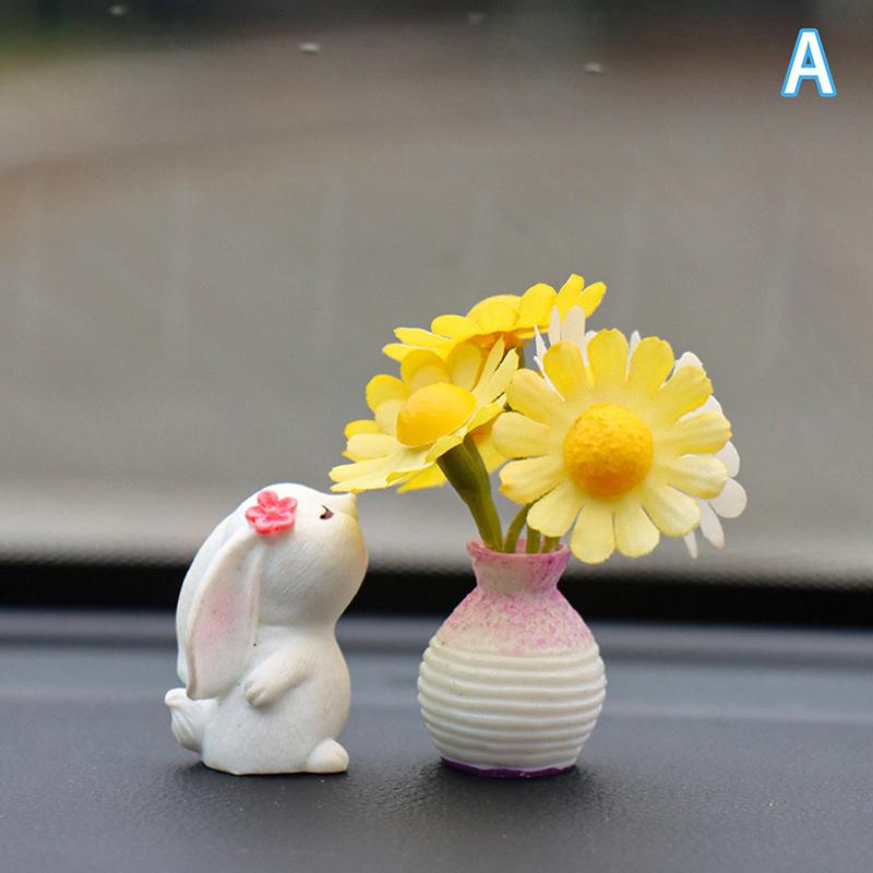 Cute Mini Bunny And Daisy Flower Vases Car Dashboard Decorations Fun Dashboard Ornament Kawaii Car Interior Accessories Rearview