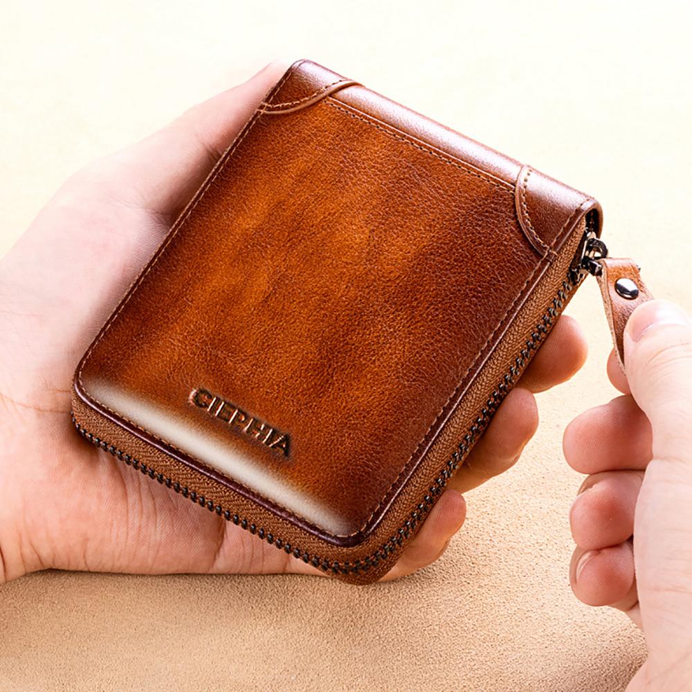 Echtes Leder-Geldbörse für Herren, RFID-blockierende Bifold-Reißverschluss-Geldbörsen, obere Schicht Rindsleder, multifunktional, ID-Kreditkartenhalter, Münztasche