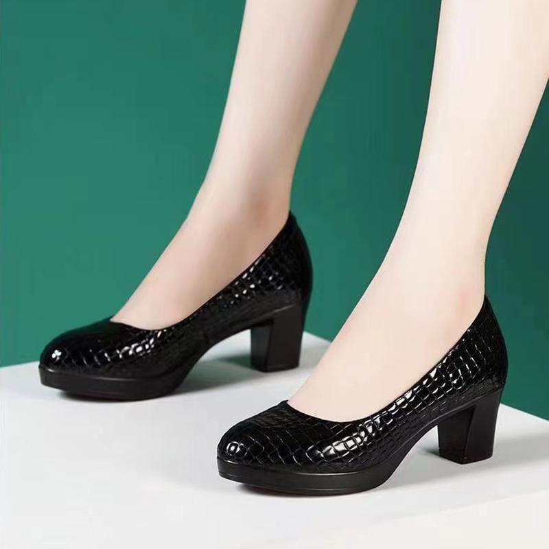 Sapatos Women Fashion Round Toe Black Plaid Pattern Chick High Heel Shoes Casual White Work