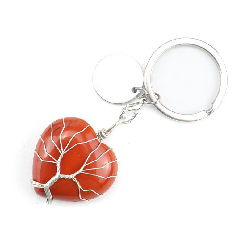 Natural Stone Crystal Peach Heart Heart Shape Tree Of Life Keychain Keychain Bag Pendant K24