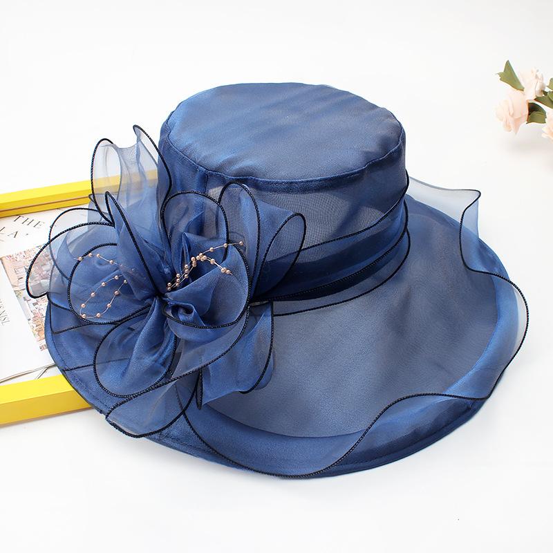 Hat Female Summer Vintage British Style Organza Flower Vacation Big Eaves Beach Sunscreen Flat Top Sun Hat