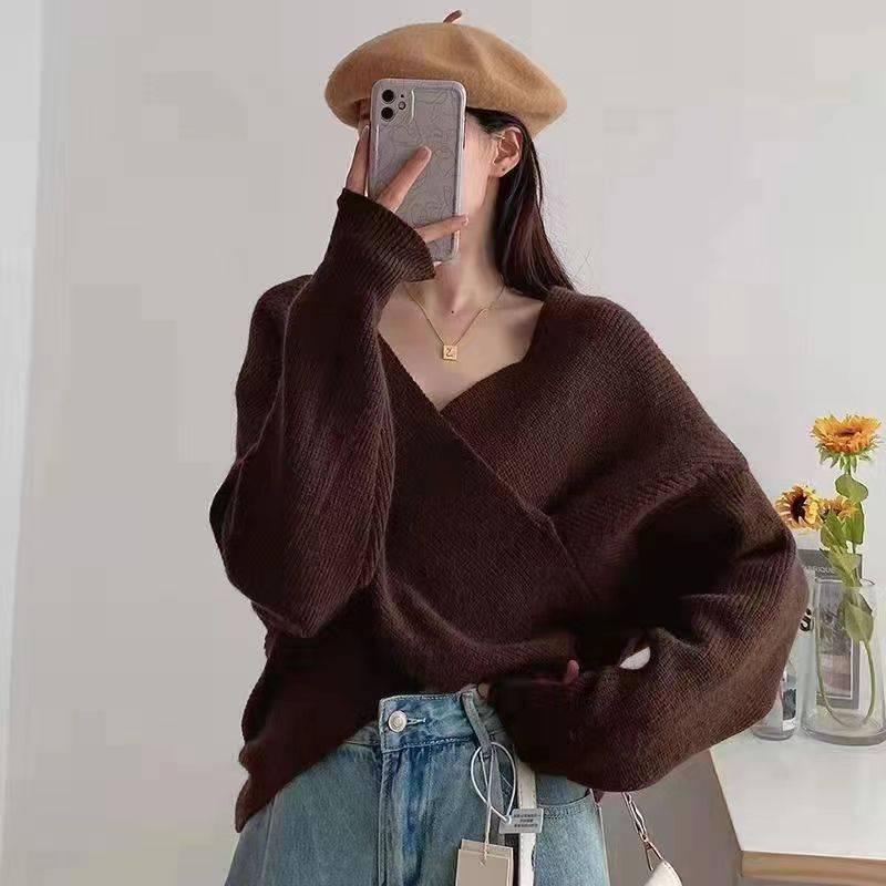 2026 Autumn/Winter Petite Korean Style Cross-Neck Loose Long Sleeve Sweater