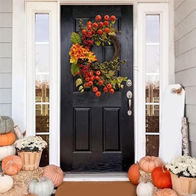 J1UL1N Fall Decor Fall Wreath For Front Door Pumpkins Berries Wreath Decorations For Autumn Thanksgiving Harvest Farmhouse Home