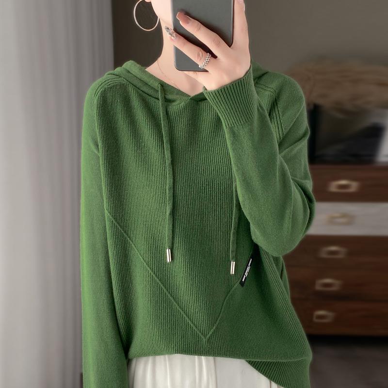 INDFS Women's Fashion Casual Fall Winter Solid Color Print Long Sleeve Hooded Sweaters