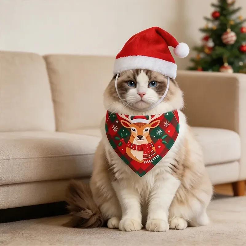 Holiday Dog Scarf Bibs 2Pcs Christmas Plaid Bandanas Puppy Pet Grooming Accessories For Cats Dogs Christmas Gift Supplies