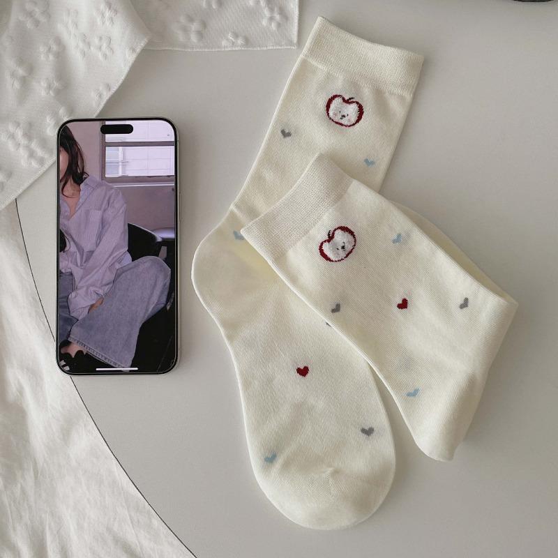 Cute Female Cartoon Plush Puppy Cotton Socks, Breathable and Comfortable Mid-calf Socks, Grey School-style Long Socks