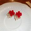 Flocking Flower Leaf Pearl Earrings for Women Light Luxury High-grade Red Stud Earrings New Korean Fashion Stylish Zircon Women