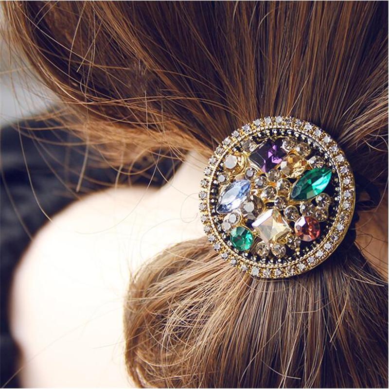 Vintage Elegant Crystal Hollow Metal Hair Rope Scrunchies Women Girls Elastic Tie Hair Rubber Bands Holder Accessories Headdress