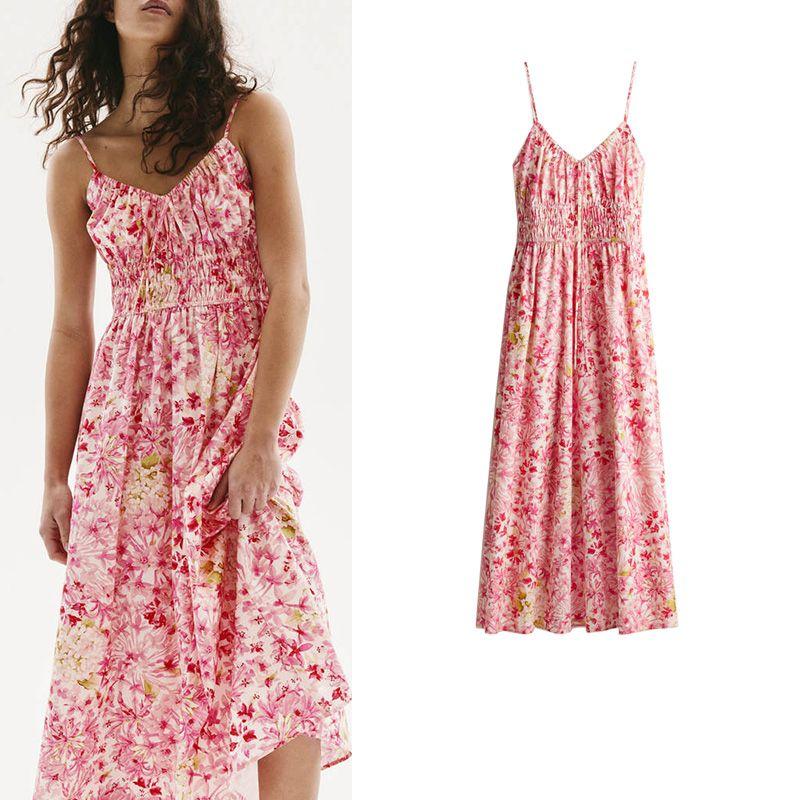 Summer New Arrival Women's Floral Print V Neck Silm A- Line Vacation Style Dress Print Suspender Skirt 1282314