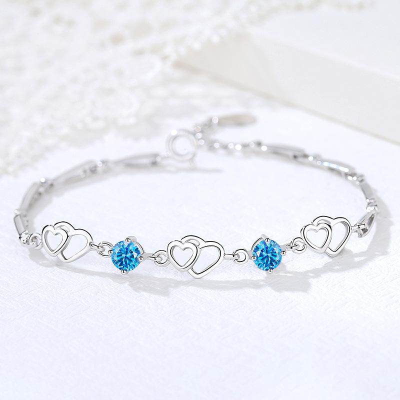 S999 Heart-to-heart Silver Bracelet for Women, Heart-shaped Interlocking Japanese and Korean Jewelry Accessories, Birthday Gift for Best Friend
