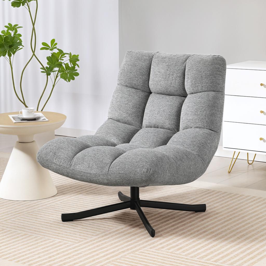 Armchair Swivel Lounge Chair with Wide Seat, Water-Repellent Chenille Look, Crossed Steel Legs, Gray