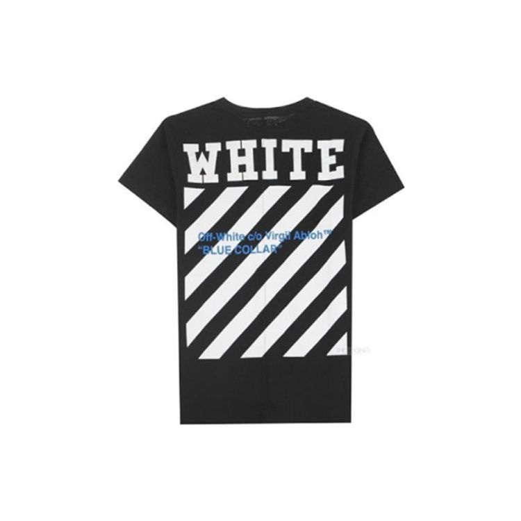 Off-White Cotton Striped Print Pattern Round Neck Short Sleeve T-Shirt Men Tops Black OMAA002G20JER0091034