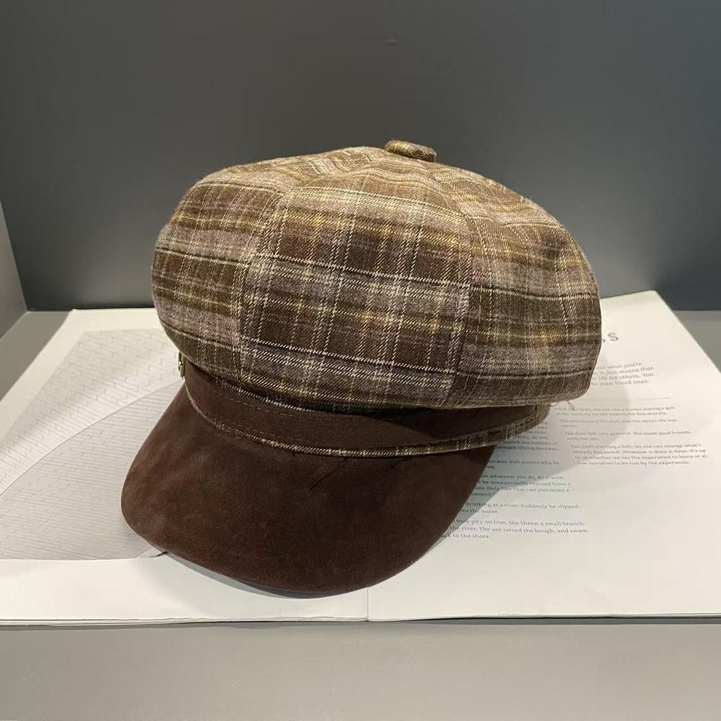 Korea's New Autumn and Winter Woolen Octagonal Hat for Women Plaid Large Head Circumference   Face Showing  Small Suede Painter's Hat