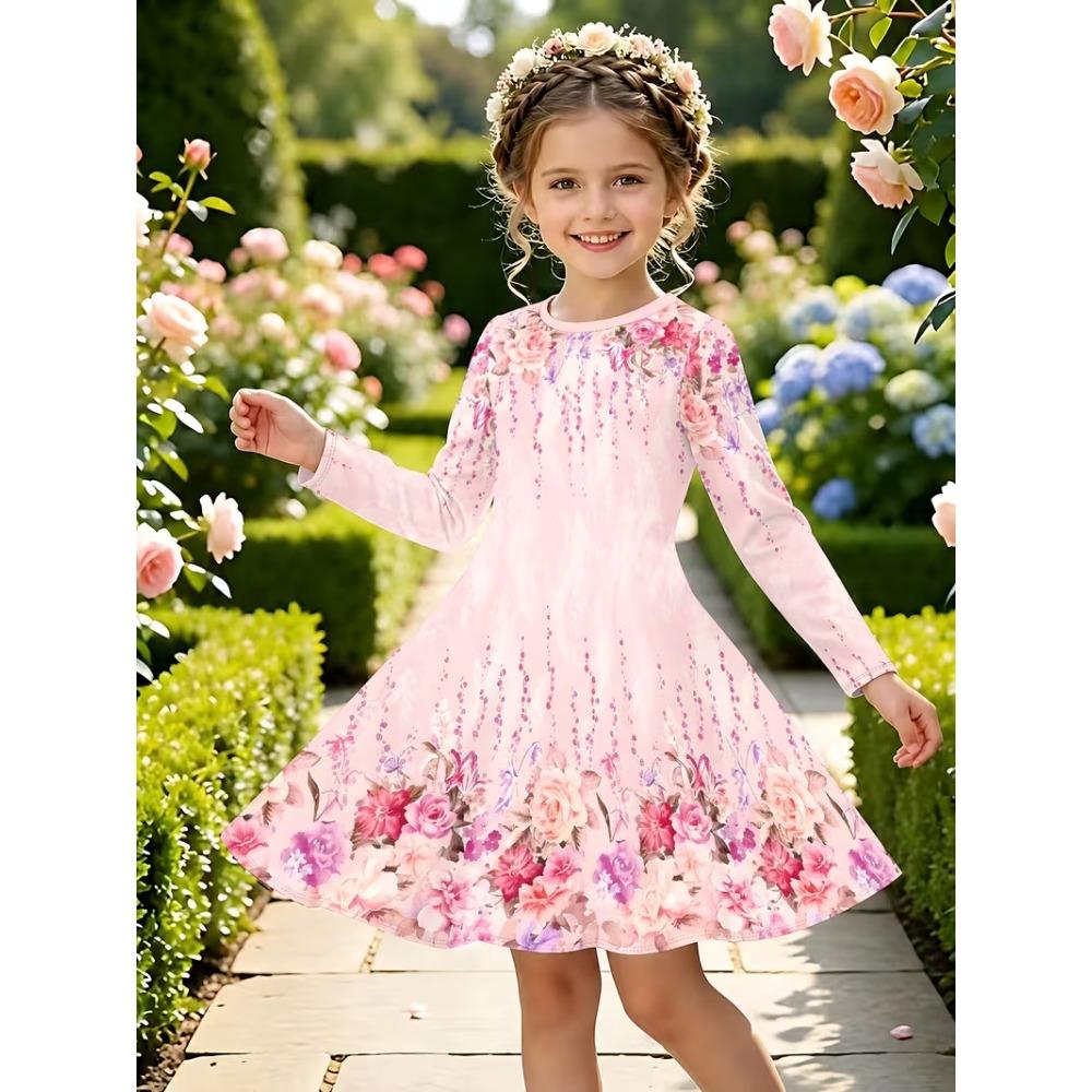 Girls' 3D Floral Dress Long Sleeve Summer Spring Vacation Daily Holiday Princess Beautiful Sweet Kids 4-12 Years Casual Dress A Line Dress