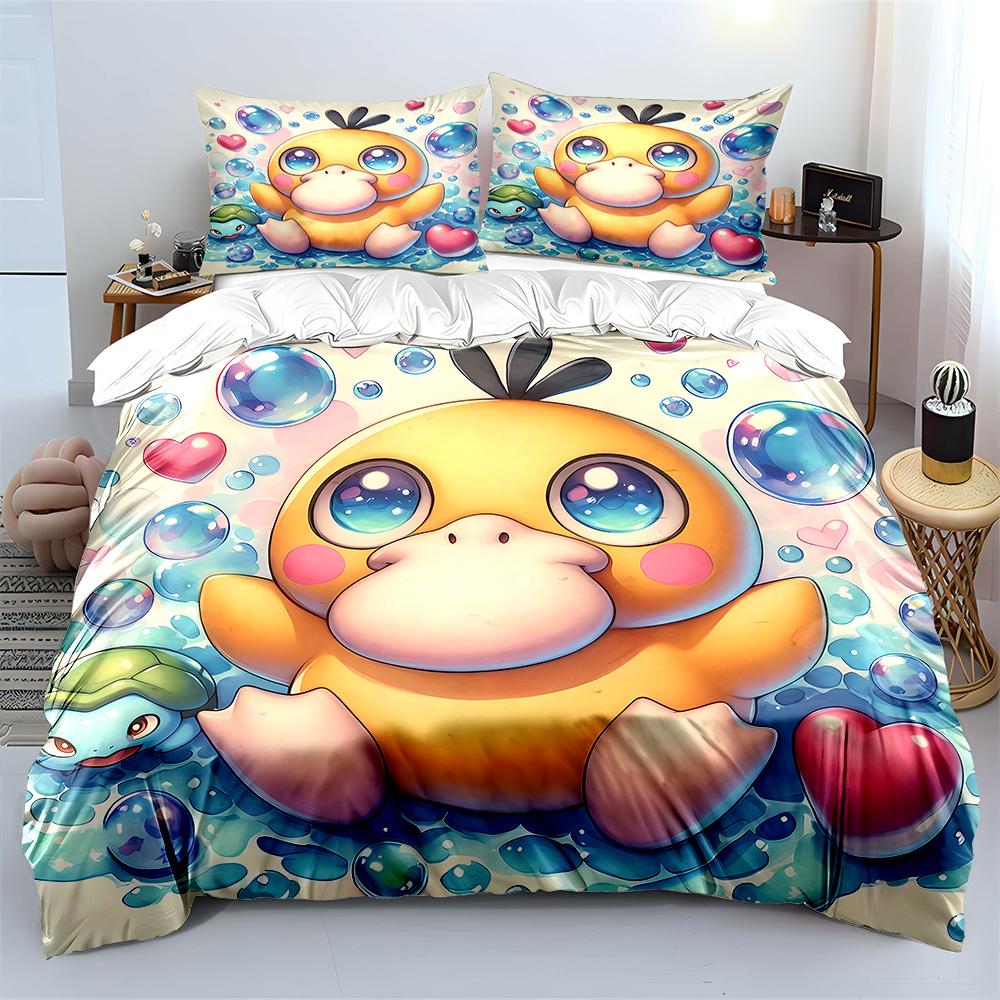Modern Trendy Japanese Anime Pokemon Psyduck Printed 1 2 Pillowcases Adult and Children Luxury Quilt