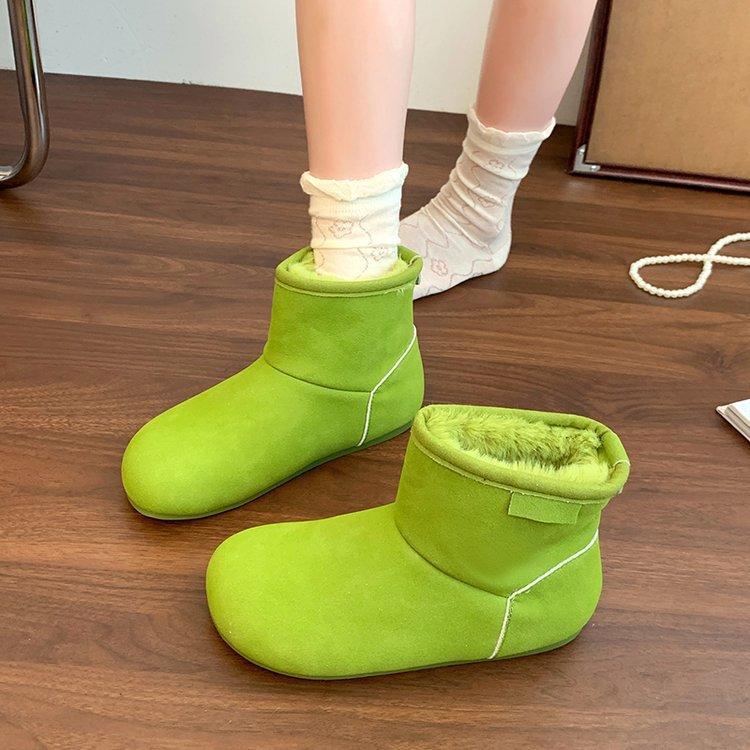 2025 autumn and winter new fashion snow boots thickened warm cotton shoes mustard green cute bread shoes flat short boots