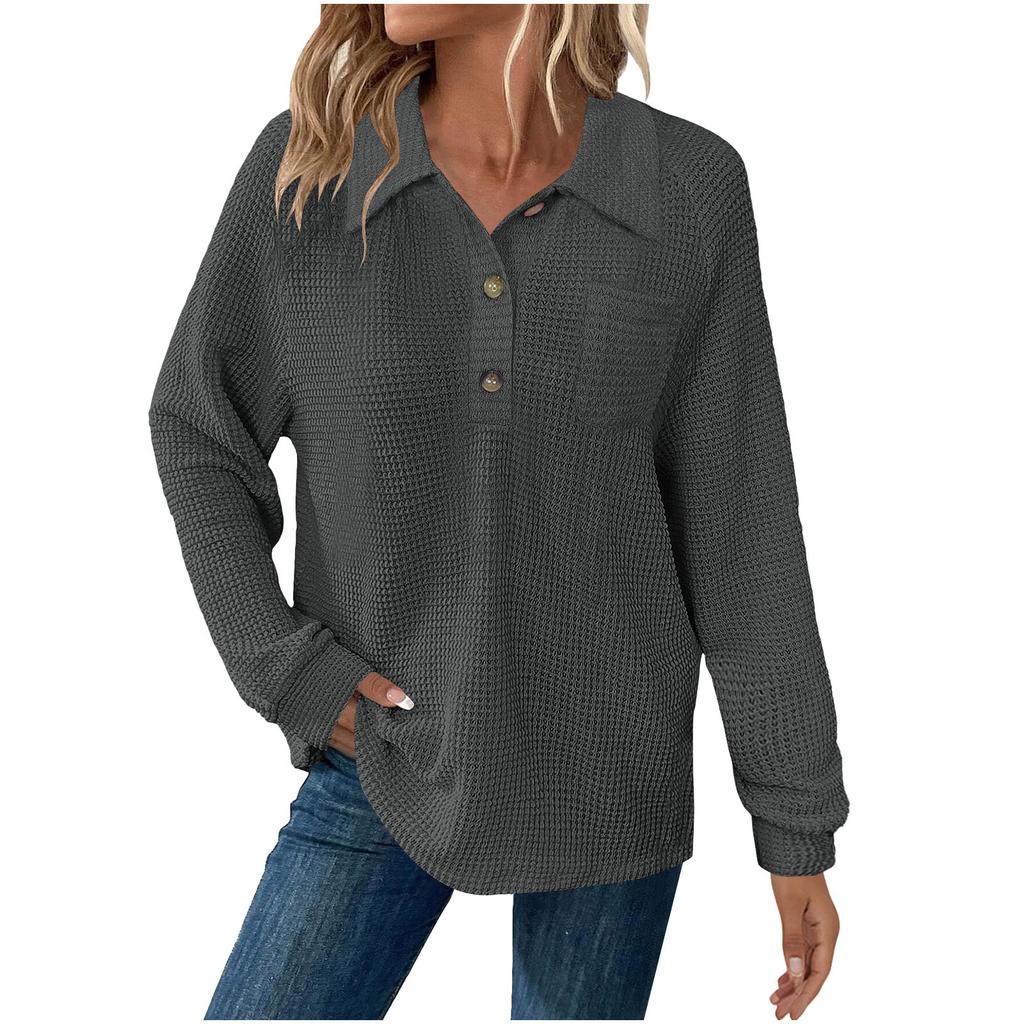 Women's Fashion Long-Sleeve Solid-Color Collared T-Shirt With Button-Up Front And Pocketed Casual Sweatshirt Top