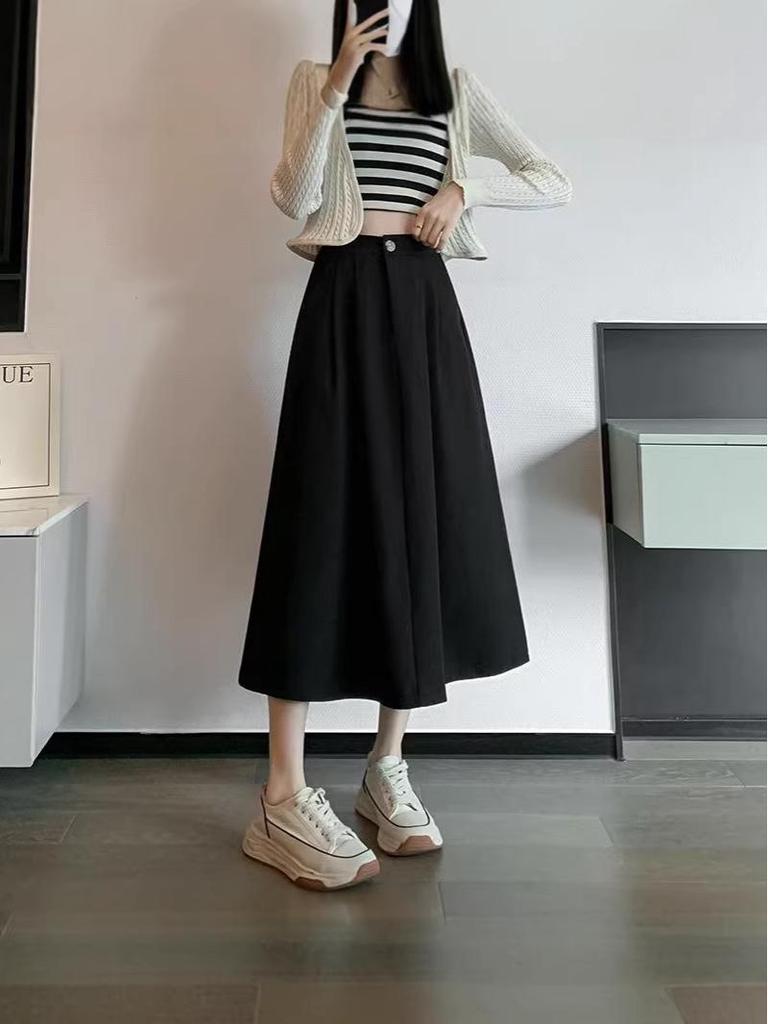 European & American Slimming High Waist A-line Midi Skirt with Large Hem