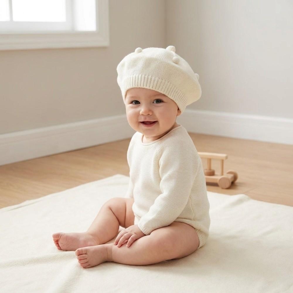 Soft Kids Knitted Beret Hat Solid Color Painter Cap Cute Pom Pom Beanie Infant
