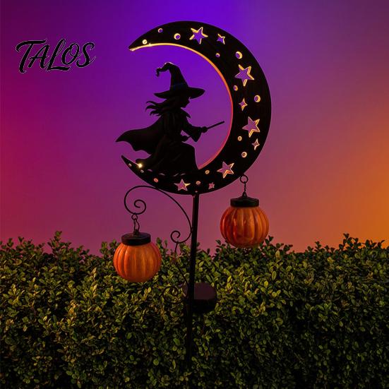 Solar Halloween Decorations for Outdoor Witch Pumpkin Moon Garden Stake Light, Waterproof on Crescent Unique Gifts Home with Lantern, LED Yard