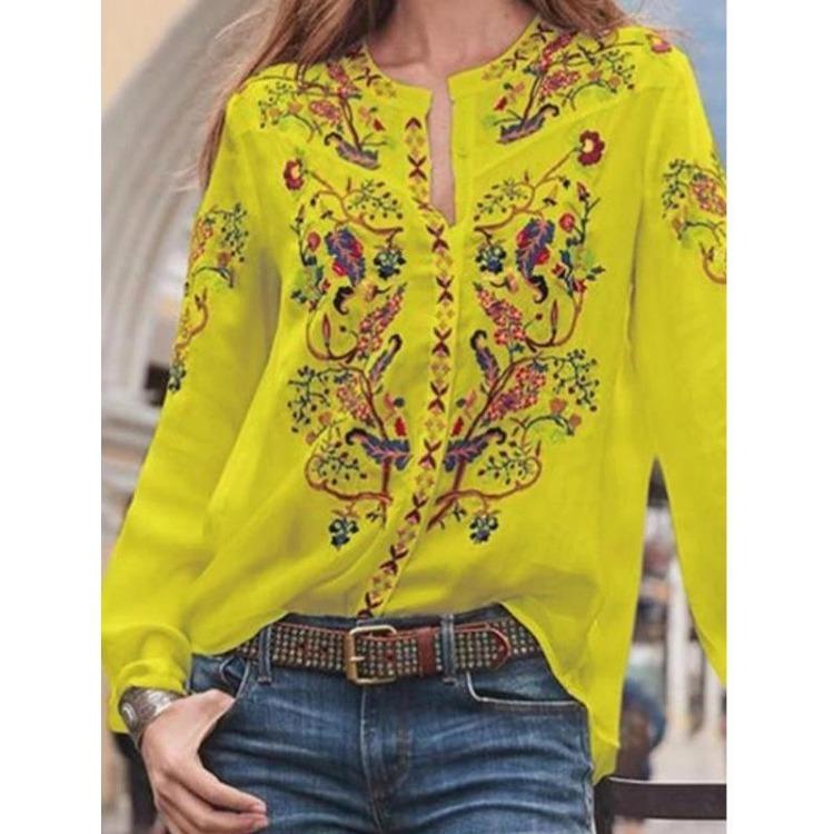 Casual Floral V Neck Long Sleeve Blouse Loose Top Tee Shirt for Women
