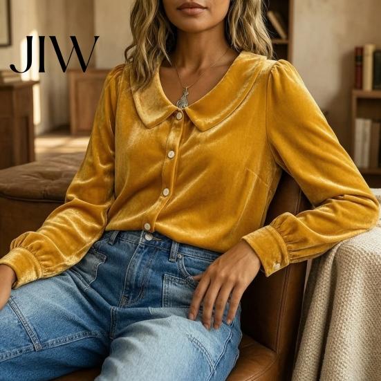 Lapel Collar Blouse Fall Winter Women Velvet Shirt, Regular Fit Button Down Long Sleeve Slim Top Top, Soft Solid Color for Lady
