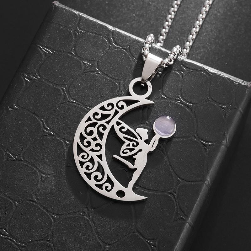 Hot Selling In Europe and America Simple and Fashionable Girl Style Titanium Steel Cut Hollow Moon Elf Pendant Stainless Steel