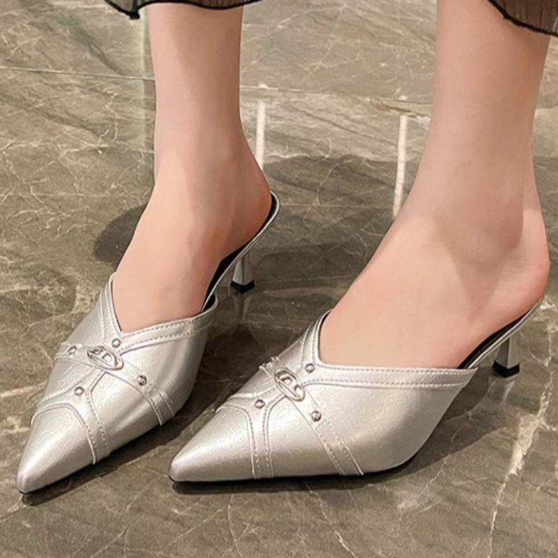 

Разноцветные тапочки высокого класса с закрытым носком во французском стиле, летние новинки 2025 года, роскошные повседневные тапочки с металлическим дизайном на высоком каблуке для улицы 42 серебряный