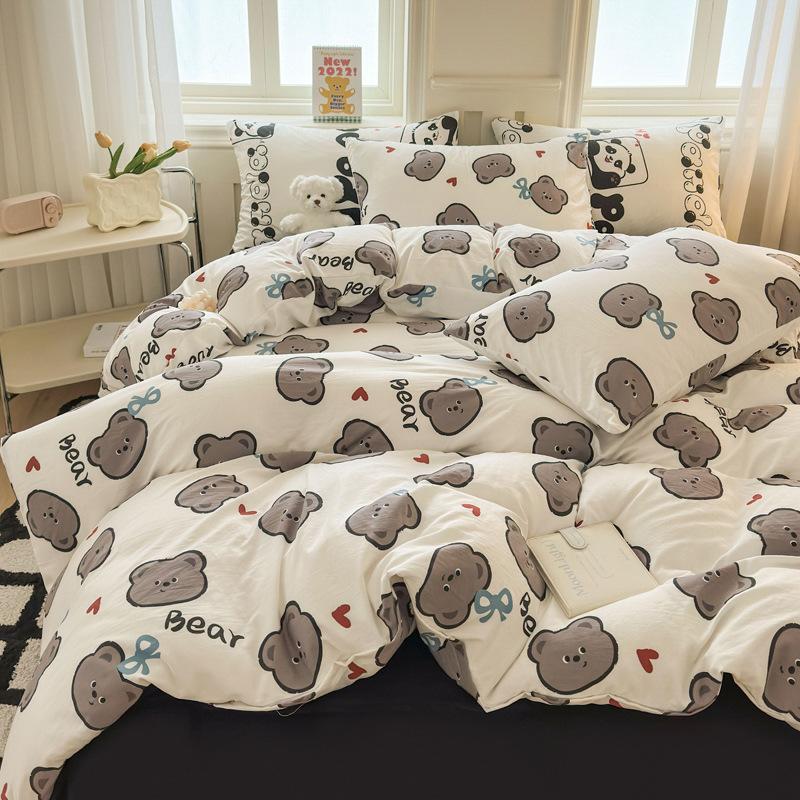 Small Clear Four-piece Set of Washed Cotton Sheets, Quilt Cover Three-piece Set of Bedding