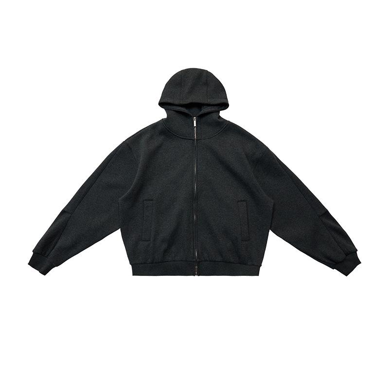 Men's Heavyweight Silk Wool Hooded Sweatshirt with High Collar and Zipper - 580g Plus Velvet Warm Jacket