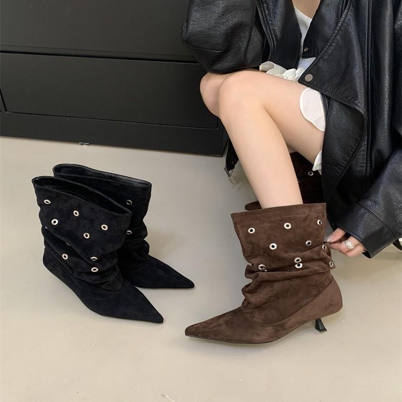 European and American Fashion Punk Style Riveted High-heeled Short Boots Spice Girls 2025 Autumn and Winter Short Tube Pointed Thin Heel Pleated 