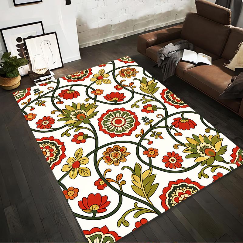 Floral Pattern Carpet with Red Green Yellow Boho Style for Living Room Suitable for Use As an Anti-slip for Living Room Bedroom Sofas