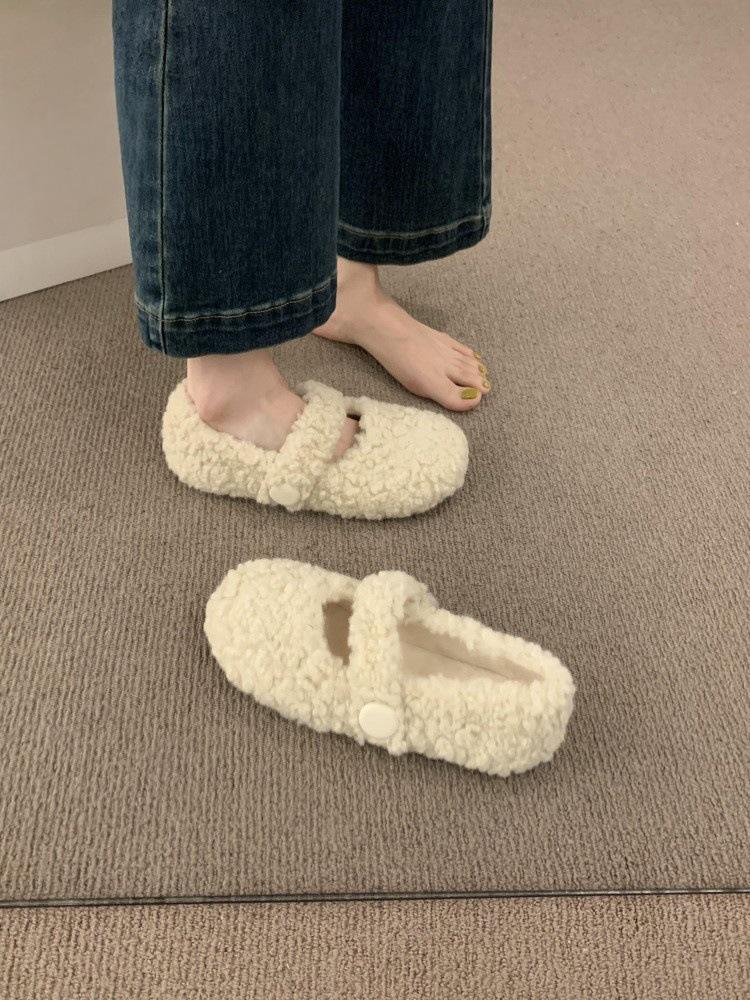 Gentle fairy wind round head with fluffy shoes, flat-bottomed pregnant women warm Doudou cotton shoes