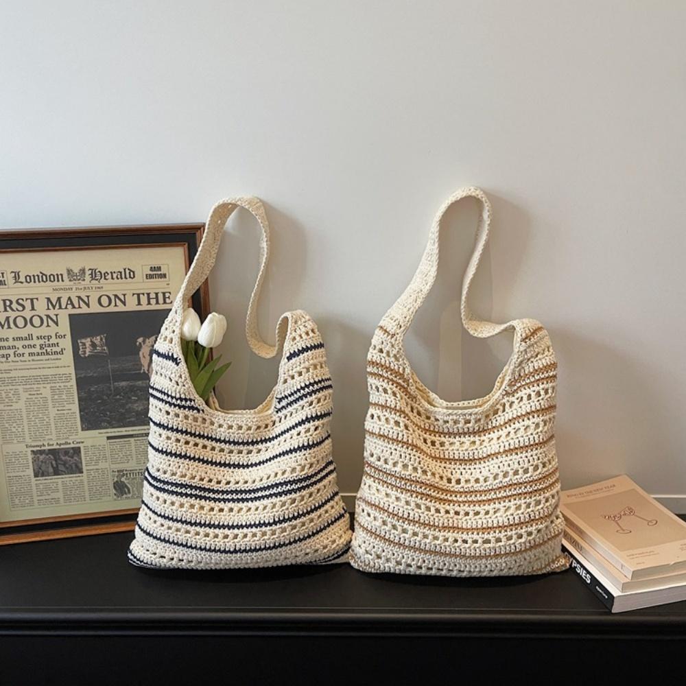 Crochet Tote Bag Striped Woven Shoulder Bag Large Capacity Straw Beach Handbag Fashion Casual Daily Commuting Shopper Tote Bag