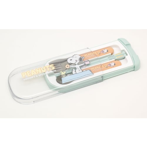 OSK Snoopy Cutlery Set with Pull-Out Lid, Trio Chopsticks, Spoon, and Fork, Made In Japan, Dishwasher Safe, Easy To Use, Stylish, Cute, Unisex, for Ch